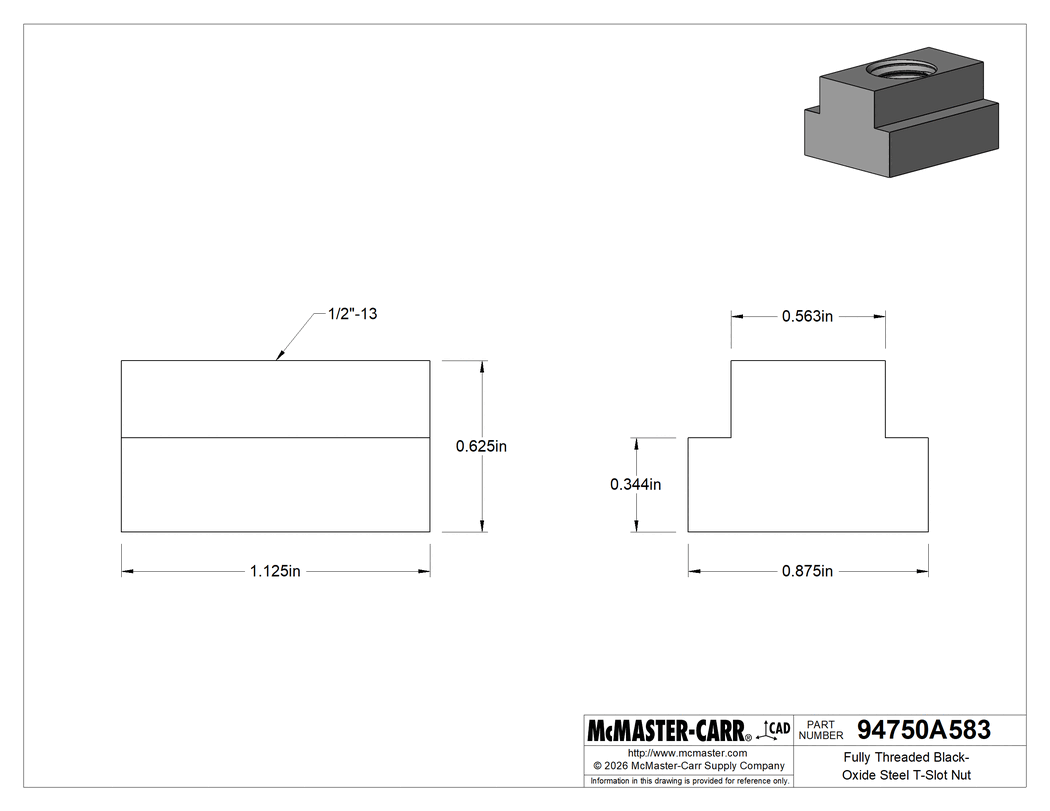 Technical Drawing of Fully Threaded Black-Oxide Steel T-Slot Nut, for 9/16" Slot Width, 1/2"-13 Thread Size, 1-1/8" Base Length .